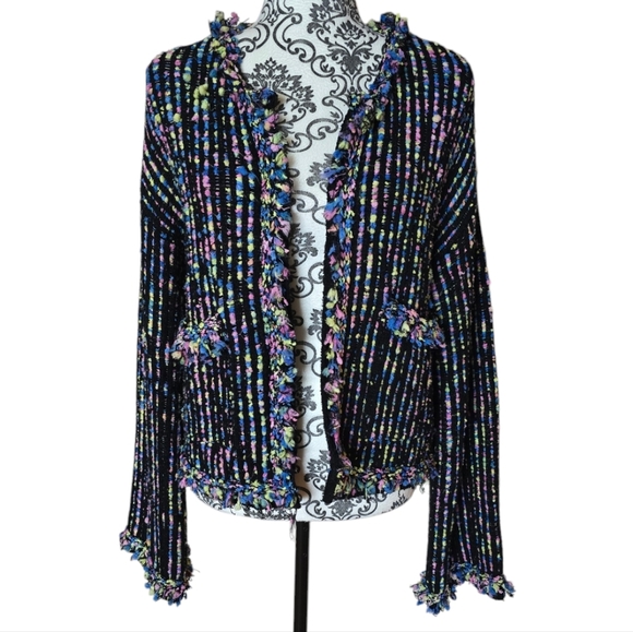 Zara multicolor knit tweed open front fringe cardigan size large - Picture 2 of 15